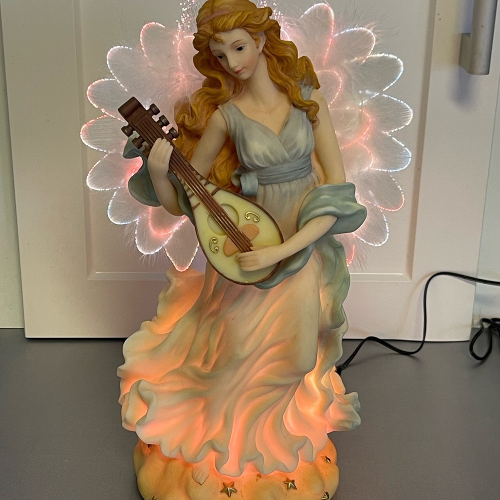 12” Fiber Optic Angel w/Mandolin & Wings Christmas Handcrafted Cast Resin Piece